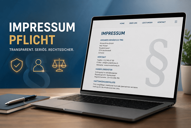 Laptop mit einer Website zum Thema Impressumspflicht, ergänzt durch Symbole für Rechtssicherheit, Transparenz und gesetzliche Anforderungen in Blau und Gold.