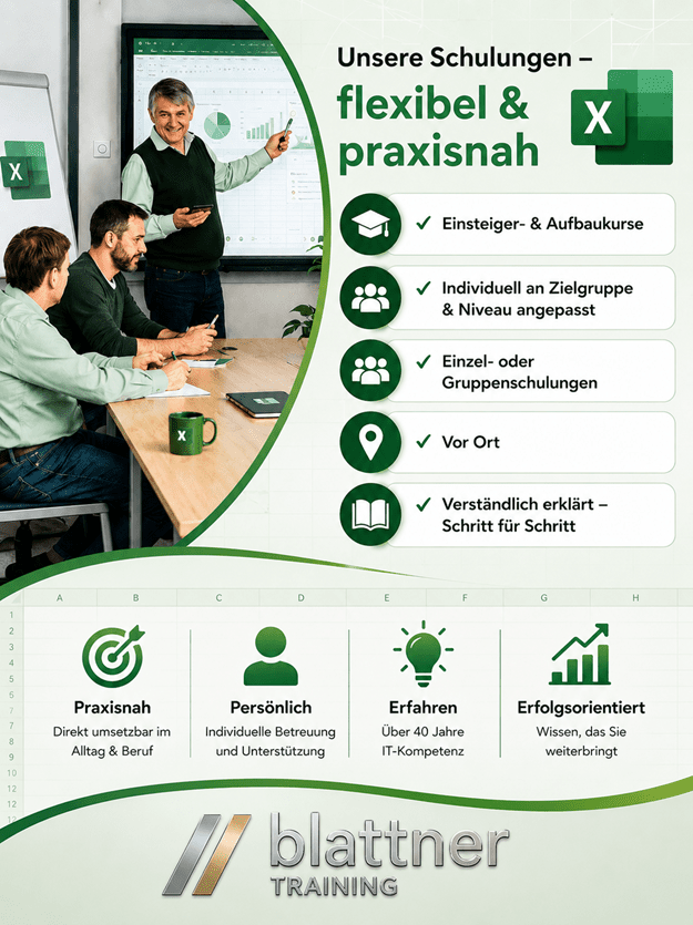 Infografik zu flexiblen und praxisnahen Excel-Schulungen von Blattner Training. Links zeigt ein Trainer eine Excel-Präsentation vor Kursteilnehmenden. Rechts werden Einsteiger- und Aufbaukurse, zielgruppen- und niveaugerechte Schulungen, Einzel- und Gruppenschulungen, Schulungen vor Ort sowie verständliche Schritt-für-Schritt-Erklärungen dargestellt. Im unteren Bereich stehen die Vorteile „Praxisnah“, „Persönlich“, „Erfahren“ und „Erfolgsorientiert“. Das Blattner-Training-Logo bildet den Abschluss.