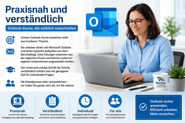 Microsoft Outlook Kurs von Blattner Training & Consulting – praxisnah, verständlich und individuell lernen, Outlook effizient im Berufsalltag einzusetzen.