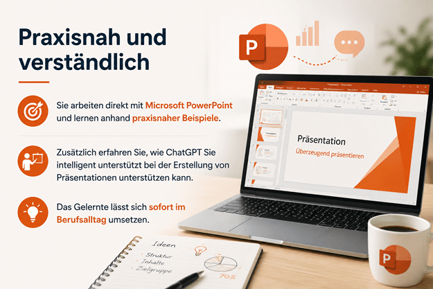 Praxisnaher und verständlicher PowerPoint-Kurs mit direkter Arbeit in Microsoft PowerPoint, praxisnahen Beispielen und Tipps zur Nutzung von ChatGPT als intelligentem Assistenten bei der Präsentationserstellung. Das Gelernte lässt sich direkt im Berufsalltag einsetzen. Dargestellt sind ein Laptop mit PowerPoint-Präsentation, Präsentationssymbole und Notizen.