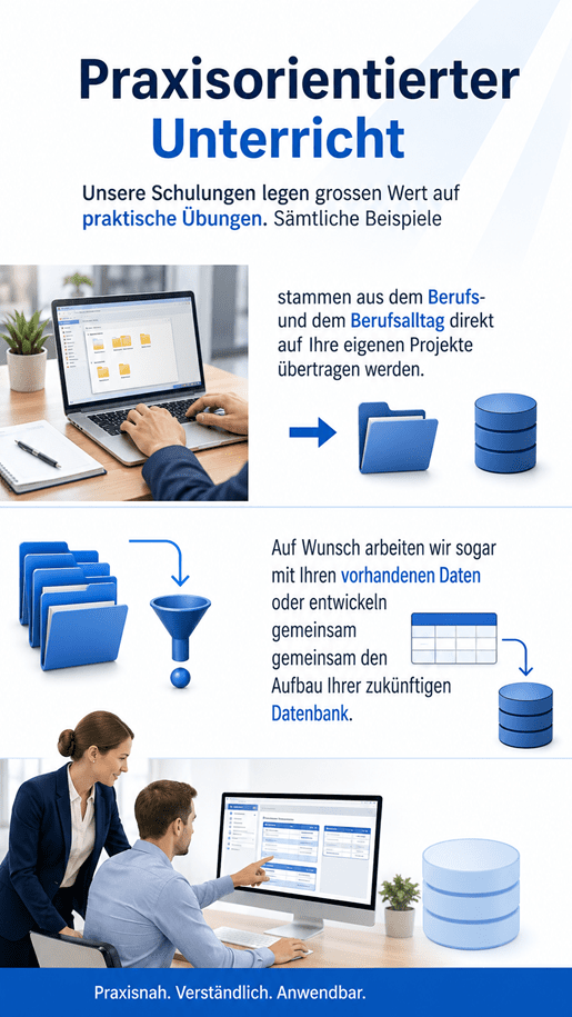 nfografik „Praxisorientierter Unterricht“ von Blattner Training: Moderne Darstellung mit Fotos und blauen Grafikelementen zu praxisnahen Übungen, der Übertragung von Beispielen auf eigene Projekte sowie der gemeinsamen Arbeit mit vorhandenen Daten und dem Aufbau zukünftiger Datenbanken. Abschluss mit dem Slogan „Praxisnah. Verständlich. Anwendbar.“