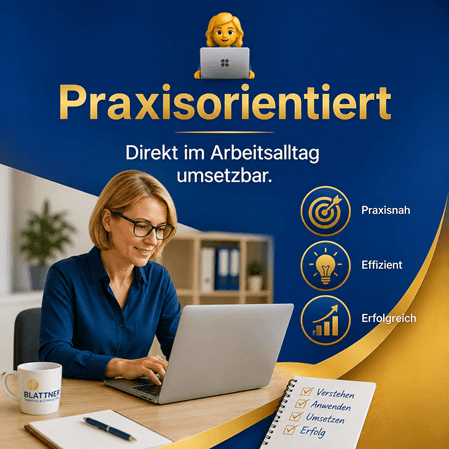 Praxisorientierte Schulung: Eine Frau arbeitet am Laptop im Büro. Der Fokus liegt auf praxisnaher, effizienter und erfolgreicher Anwendung, die direkt im Arbeitsalltag umgesetzt werden kann
