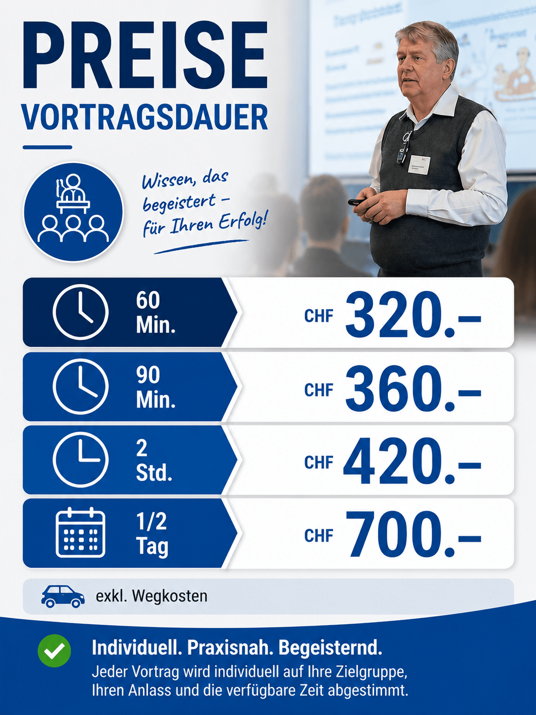 Preisübersicht für individuelle Vorträge von Blattner Training & Consulting. Vortragender präsentiert vor Publikum. Angebot mit Vortragsdauern und Preisen: 60 Minuten CHF 320.–, 90 Minuten CHF 360.–, 2 Stunden CHF 420.– und ½ Tag CHF 700.–, jeweils exklusive Wegkosten. Hinweis: Jeder Vortrag wird individuell auf Zielgruppe, Anlass und verfügbare Zeit abgestimmt.