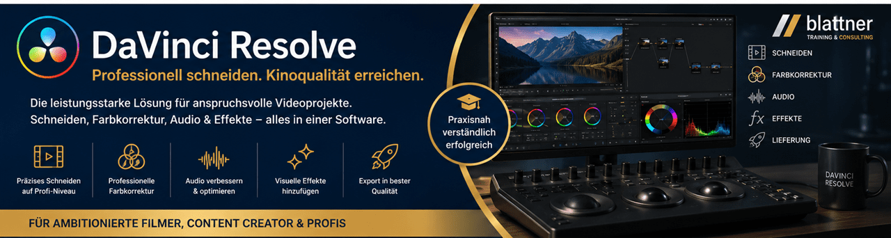 Modernes Werbebanner im Blau-Gold-Design von Blattner Training & Consulting für die Schulung DaVinci Resolve. Die Überschrift „DaVinci Resolve – Professionell schneiden. Kinoqualität erreichen.“ stellt die leistungsstarke Software für professionelle Videobearbeitung, Farbkorrektur und Audiobearbeitung in den Mittelpunkt. Der Einführungstext beschreibt DaVinci Resolve als umfassende Lösung für anspruchsvolle Videoprojekte. Auf der rechten Bildhälfte ist ein professioneller Videoschnittplatz mit grossem Monitor zu sehen. Die Softwareoberfläche von DaVinci Resolve zeigt Farbkorrektur, Timeline und Videobearbeitung. Vor dem Bildschirm stehen ein professionelles Color-Grading-Panel, ein Objektiv sowie weiteres Studiozubehör, wodurch ein hochwertiger Eindruck moderner Filmproduktion entsteht. Im unteren Bereich werden die wichtigsten Schulungsinhalte mit Symbolen dargestellt: präzises Videoschneiden, professionelle Farbkorrektur, Audio verbessern und optimieren, visuelle Effekte einsetzen sowie Export in bester Qualität. Ein Qualitätssiegel mit dem Hinweis „Praxisnah – verständlich – erfolgreich“ sowie das Logo von Blattner Training & Consulting runden das Banner ab. Die Kombination aus Blau- und Goldtönen vermittelt Professionalität, Innovation und höchste Qualität in der digitalen Videobearbeitung.