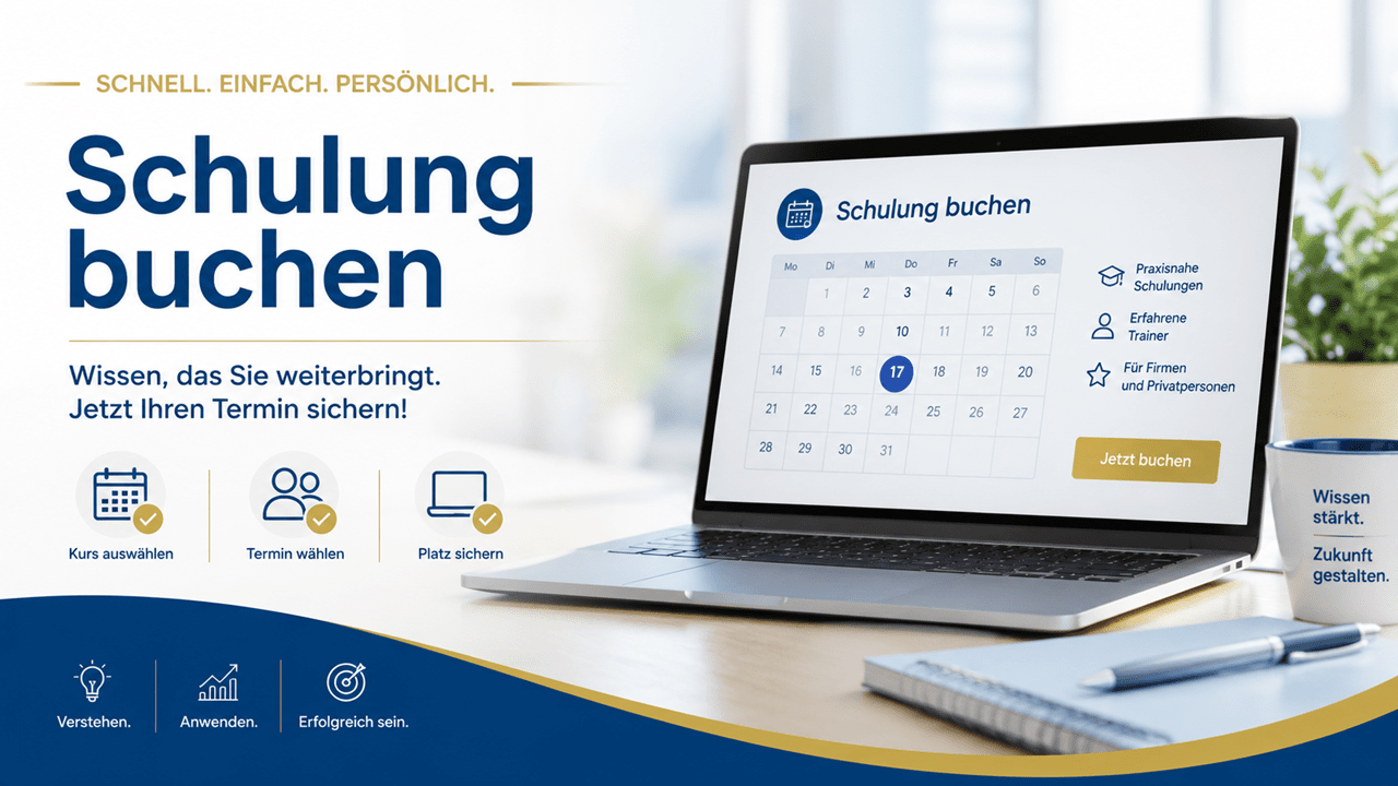 Hero-Banner «Schulung buchen» in den Unternehmensfarben Blau, Gold und Weiss. Links steht die grosse Überschrift «Schulung buchen» mit dem Hinweis, einfach und persönlich einen Schulungstermin zu reservieren. Darunter werden die drei Schritte «Kurs auswählen», «Termin wählen» und «Platz sichern» mit Symbolen dargestellt. Rechts ist ein Laptop mit einem Kalender und einer hervorgehobenen Terminbuchung zu sehen. Ergänzt wird das Motiv durch ein Notizbuch, einen Kugelschreiber, eine Kaffeetasse und einen hellen, modernen Bürohintergrund. Das Banner vermittelt einen professionellen, freundlichen und praxisnahen Buchungsprozess für Schulungen.