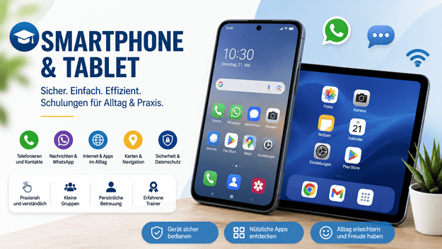 Werbebanner zum Thema „Smartphone & Tablet“. Links steht die Überschrift „SMARTPHONE & TABLET“ mit dem Untertitel „Sicher. Einfach. Effizient. Schulungen für Alltag & Praxis.“ Darunter werden die wichtigsten Kursthemen mit Symbolen dargestellt: Telefonieren und Kontakte, Nachrichten und WhatsApp, Internet und Apps im Alltag, Karten und Navigation sowie Sicherheit und Datenschutz. Zusätzlich werden die Vorteile der Schulungen hervorgehoben: praxisnah und verständlich, kleine Gruppen, persönliche Betreuung und erfahrene Trainer. Rechts sind ein modernes Android-Smartphone und ein Tablet mit typischen App-Symbolen wie Telefon, WhatsApp, Kamera, Fotos, Kalender, Play Store, Einstellungen und Chrome zu sehen. Im Hintergrund schweben Symbole für WhatsApp, Nachrichten und WLAN. Am unteren Rand betonen drei Informationsfelder die Kursziele: Geräte sicher bedienen, nützliche Apps entdecken sowie den Alltag erleichtern und mehr Freude an der digitalen Nutzung gewinnen. Das moderne Design in Blau- und Weiss-Tönen vermittelt Kompetenz, Sicherheit und einen einfachen Einstieg in die Nutzung von Smartphones und Tablets.