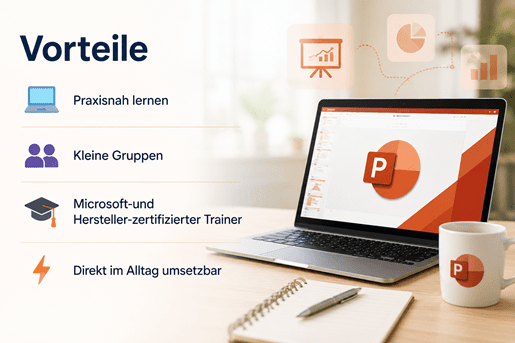 Vorteile des PowerPoint-Kurses: praxisnahes Lernen, kleine Gruppen, Microsoft- und herstellerzertifizierter Trainer sowie direkt im Alltag umsetzbare Kenntnisse. Laptop mit PowerPoint-Präsentation und Notizbuch als Symbol für praxisorientiertes Lernen.