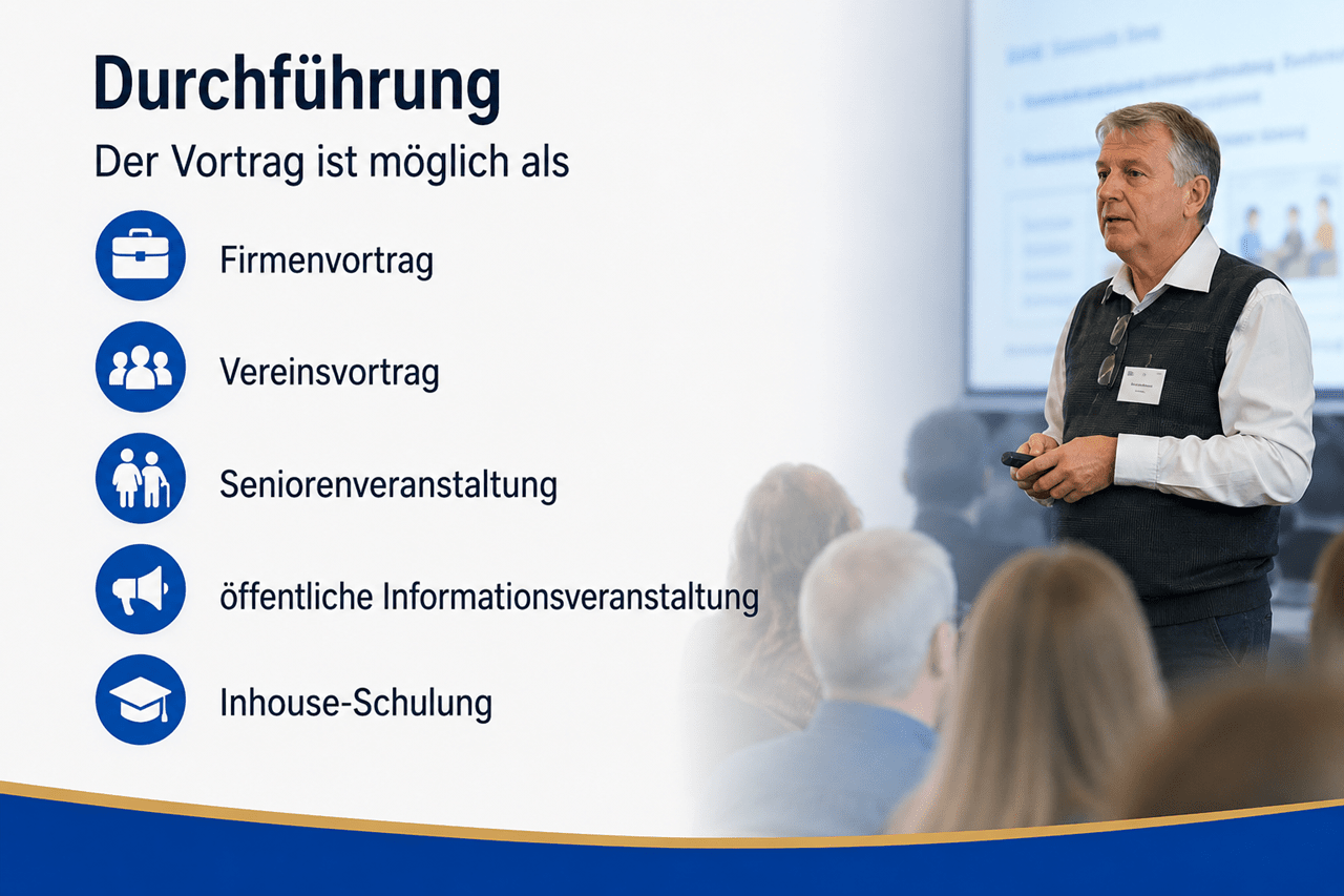 Grafik zur Durchführung von Vorträgen von Blattner Training & Consulting. Christian Blattner spricht vor Publikum. Links werden die möglichen Durchführungsformen aufgeführt: Firmenvortrag, Vereinsvortrag, Seniorenveranstaltung, öffentliche Informationsveranstaltung sowie Inhouse-Schulung. Die Darstellung vermittelt flexibel anpassbare Vorträge für Unternehmen, Vereine, Organisationen und Bildungseinrichtungen