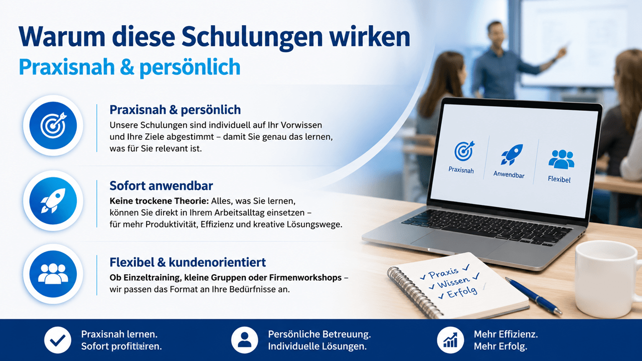 Modernes Banner von Blattner Training mit dem Titel „Warum diese Schulungen wirken“. Links werden die drei Vorteile „Praxisnah & persönlich“, „Sofort anwendbar“ und „Flexibel & kundenorientiert“ mit passenden Symbolen und kurzen Beschreibungen dargestellt. Rechts ist eine moderne Schulungsszene mit einer Kursleitung vor einem Whiteboard sowie Teilnehmenden in einem Seminarraum zu sehen. Im Vordergrund stehen ein Laptop, ein Notizbuch mit den Stichworten „Praxis“, „Wissen“ und „Erfolg“, ein Kugelschreiber sowie eine Kaffeetasse – alle mit dem originalen Blattner-Training-Logo. Am unteren Rand fasst eine blaue Informationsleiste die Kernbotschaften „Praxisnah lernen. Sofort profitieren.“, „Persönliche Betreuung. Individuelle Lösungen.“ sowie „Mehr Effizienz. Mehr Erfolg.“ zusammen.