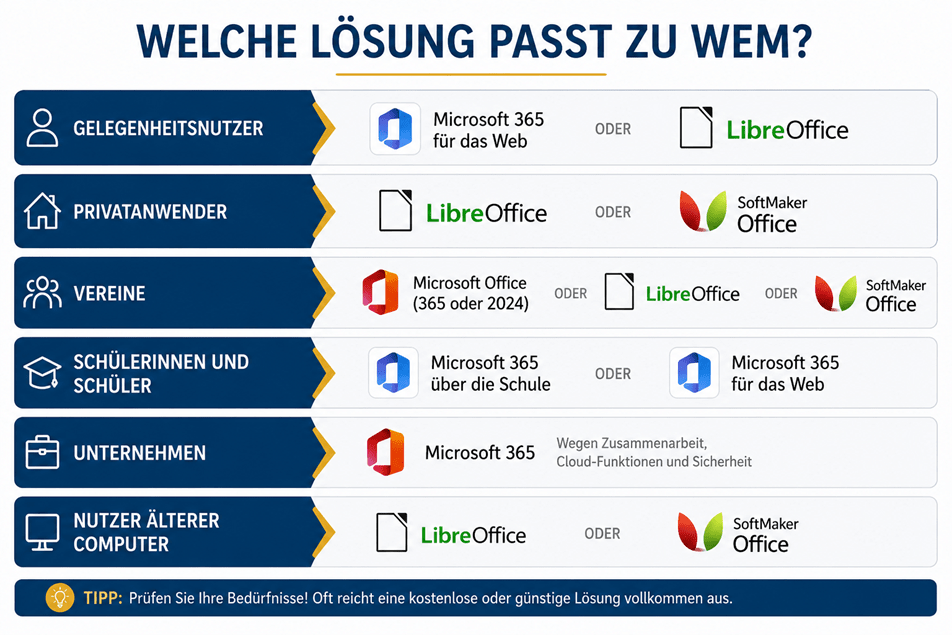 Infografik „Welche Lösung passt zu wem?“ mit Empfehlungen für verschiedene Nutzergruppen. Verglichen werden Microsoft 365, Microsoft Office 2024, Microsoft 365 für das Web, LibreOffice und SoftMaker Office für Gelegenheitsnutzer, Privatanwender, Vereine, Schülerinnen und Schüler, Unternehmen sowie Nutzer älterer Computer.