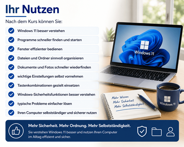 Infografik „Ihr Nutzen“ zu einem Windows-11-Kurs mit zehn Lernzielen: Windows 11 besser verstehen, Programme schneller finden und starten, Fenster effizienter bedienen, Dateien und Ordner sinnvoll organisieren, Dokumente und Fotos schneller wiederfinden, wichtige Einstellungen selbst vornehmen, Tastenkombinationen gezielt einsetzen, Windows-Sicherheitsfunktionen besser verstehen, typische Probleme einfacher lösen sowie den Computer selbstständiger und sicherer nutzen. Abbildung eines Windows-11-Laptops mit Notizbuch und Hinweis auf mehr Wissen, Sicherheit und Selbstständigkeit.