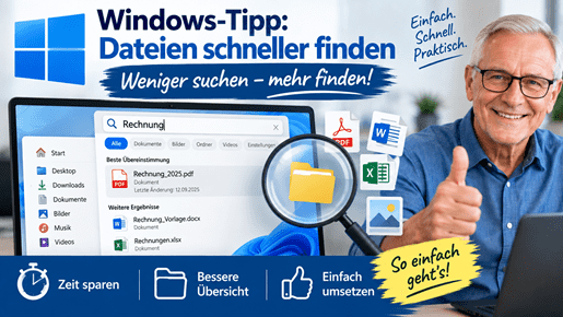 Windows-Tipp „Dateien schneller finden“: Windows-Suche mit Suchbegriff und gefundenen PDF-, Word- und Excel-Dateien auf einem Laptop, daneben ein älterer Mann mit Lupe und Daumen hoch.