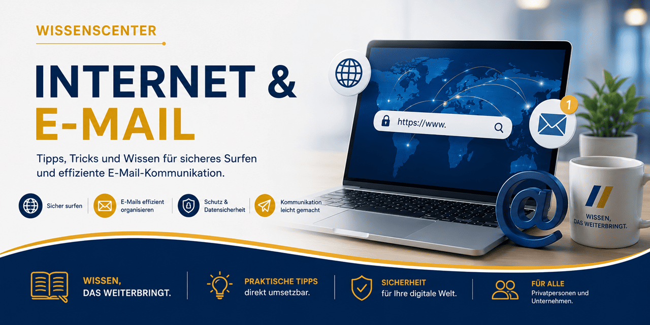 Hero-Banner für das Wissenscenter «Internet & E-Mail» von Blattner Training & Consulting. Das Banner zeigt auf hellem Hintergrund in den Unternehmensfarben Blau, Gold und Weiss einen Laptop mit einer Weltkarte und sicherer Internetverbindung, eine Suchleiste mit HTTPS-Adresse, E-Mail-Symbol, @-Zeichen sowie Symbole für Datenschutz, Kommunikation und sicheres Surfen. Links stehen die Überschrift «WISSENSCENTER» und der Titel «Internet & E-Mail» mit dem Hinweis auf Tipps, Tricks und Wissen für sicheres Surfen, effiziente E-Mail-Kommunikation und digitale Sicherheit. Das moderne Banner richtet sich an Privatpersonen, Vereine und Unternehmen.