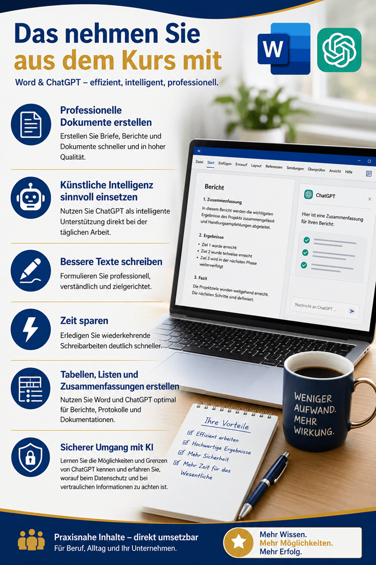 Infografik zum Kurs Microsoft Word & ChatGPT – effizient, intelligent, professionell. Die Grafik zeigt einen modernen Büroarbeitsplatz mit einem Laptop, auf dem Microsoft Word und ChatGPT parallel geöffnet sind, um die Zusammenarbeit zwischen Textverarbeitung und Künstlicher Intelligenz zu veranschaulichen. Links werden die wichtigsten Lernergebnisse des Kurses mit Symbolen dargestellt: professionelle Dokumente erstellen, ChatGPT sinnvoll einsetzen, bessere und zielgerichtete Texte schreiben, Zeit sparen, Tabellen, Listen und Zusammenfassungen erstellen sowie der sichere Umgang mit KI und Datenschutz. Ein Notizblock mit den Vorteilen des Kurses und eine Kaffeetasse mit der Aufschrift «Weniger Aufwand. Mehr Wirkung.» unterstreichen den praxisnahen Nutzen. Das Design in den Unternehmensfarben Blau und Gold vermittelt Professionalität, Effizienz und modernes Arbeiten mit Microsoft Word und ChatGPT im Berufsalltag.