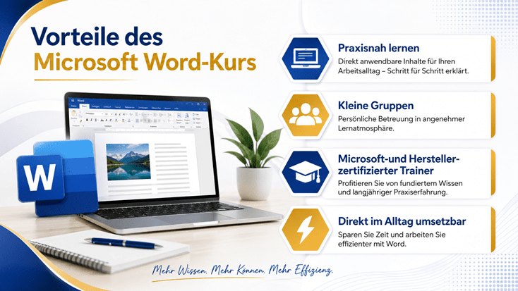 „Infografik mit dem Titel ‹Vorteile des Microsoft Word-Kurs› im hellen Unternehmensdesign in Blau, Gold und Weiss. Links sind das Microsoft Word-Logo, ein Laptop mit geöffnetem Word-Dokument sowie ein Notizblock und ein Kugelschreiber auf einem Schreibtisch zu sehen. Rechts werden die vier wichtigsten Vorteile des Kurses hervorgehoben: praxisnah lernen, kleine Gruppen, Microsoft- und Hersteller-zertifizierter Trainer sowie direkt im Alltag umsetzbar. Modernes, freundliches Layout im Format 16:9.